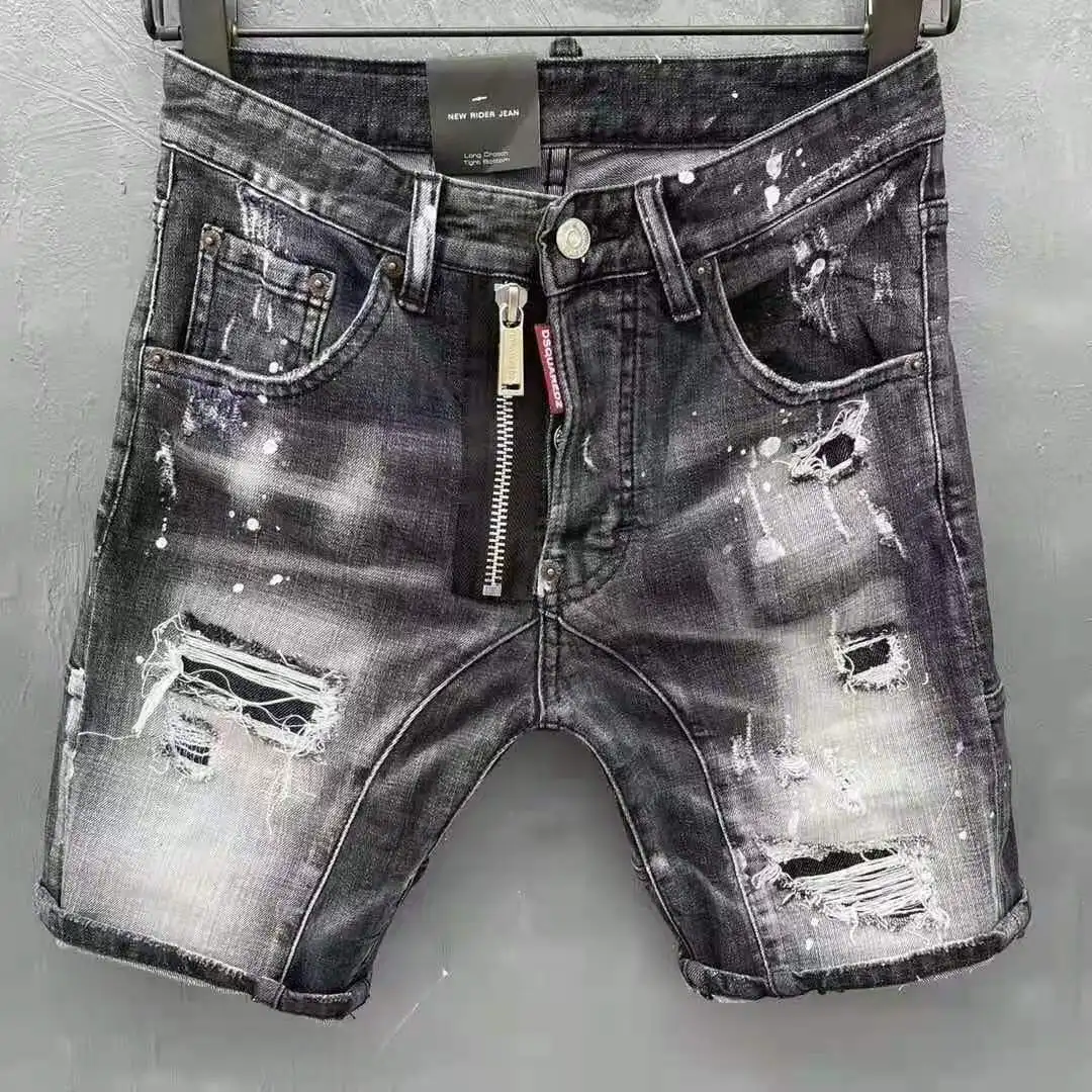 

DSQUARED2 Brand Men's Denim Shorts Fashion Slim Retro Ripped Short Jeans For Men Fake Zipper Hole Hip Hop Punk Grey Jean Shorts