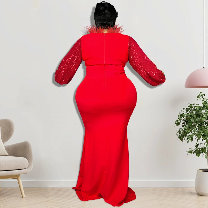 Plus Size Women Clothing Temperament Dresses Embroidery Sequined Beads Maxi Dress Elegant Trumpet Dresses Who 3xl 4xl 5xl 6xl
