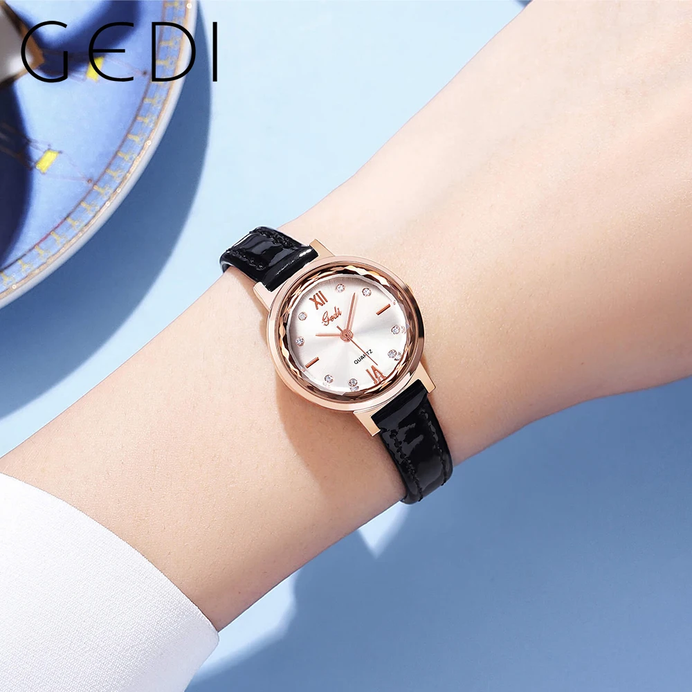 GEDI Retro Fashion Women Quartz Wrist Watches Luxury Brand Vintage Elegant Waterproof Leather Strap Ladies Clock Green Gold 2023