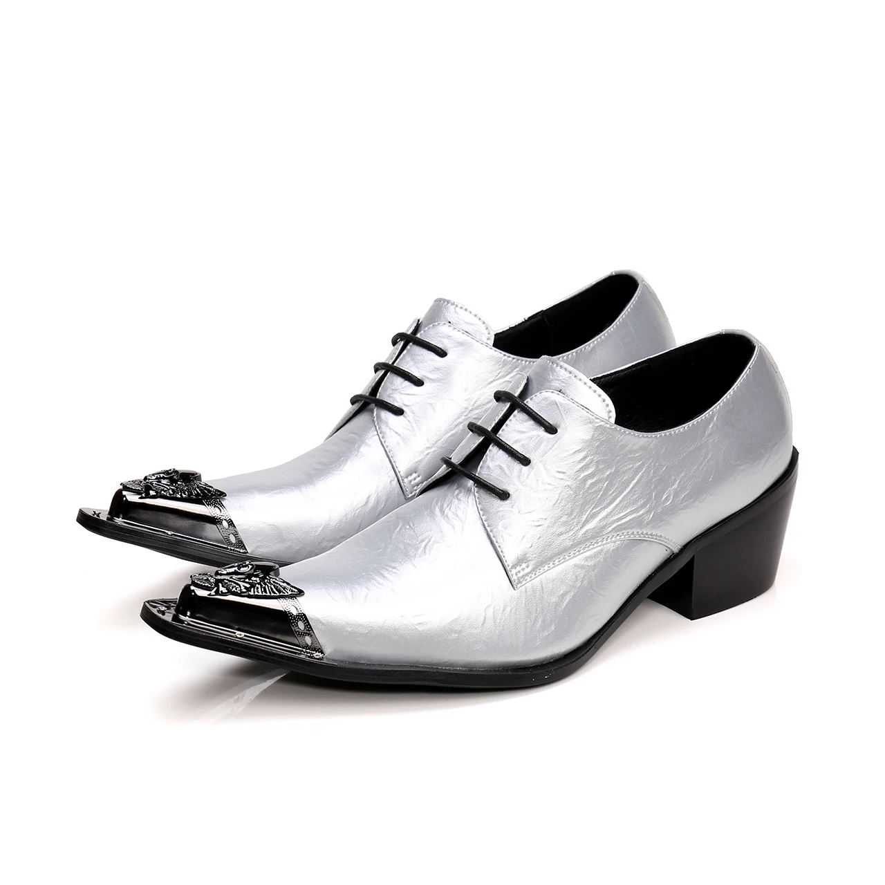 

Christia Bella British Style Pointed Toe Lace-up Men Business Party Shoes High Heel Man Silver Genuine Leather Oxford Shoes