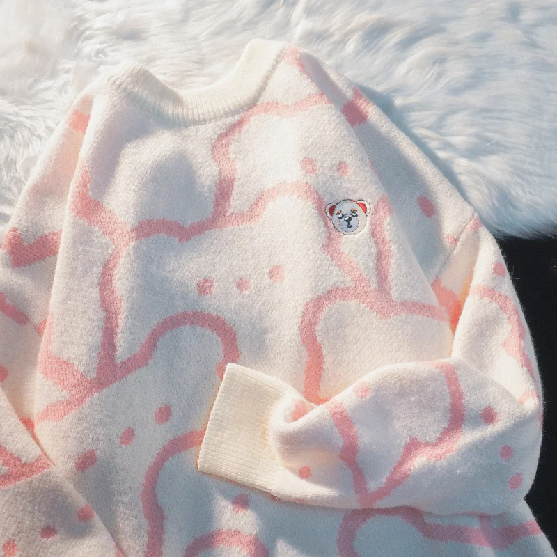 

Kawaii Cartoon Pullover Womens Oversized Knitted Sweater Long Sleeve Casual Lazy Wind Embroidery Thicken Pullovers Jumper Tops