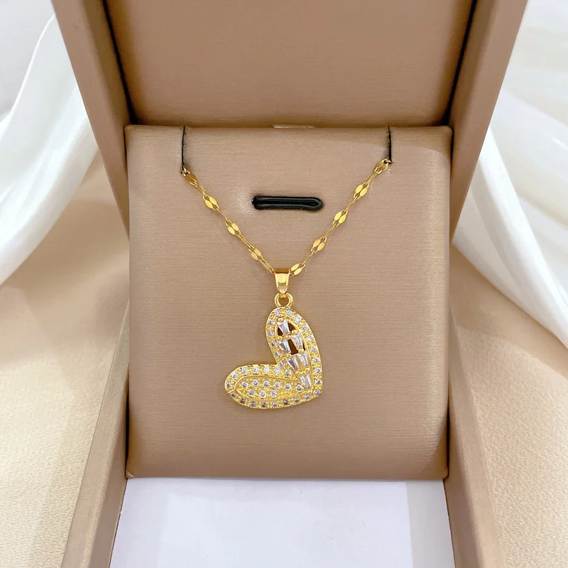 OIMG 316L нержавеющая сталь золота цвета Full Zirconia Hollow Heart кулон ожерелье для женщин девушки партии Lnfinite любовь ювелирные украшения подарок