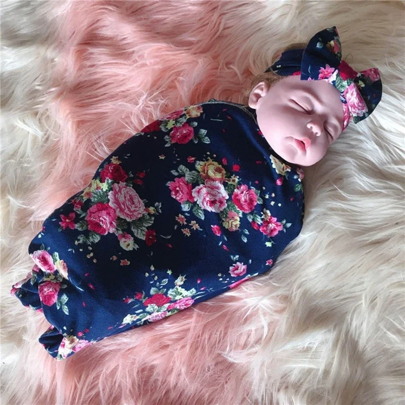

Newborn Baby Receiving Blanket Headband Set Floral Swaddle Wrap Hair Accessories XXFE