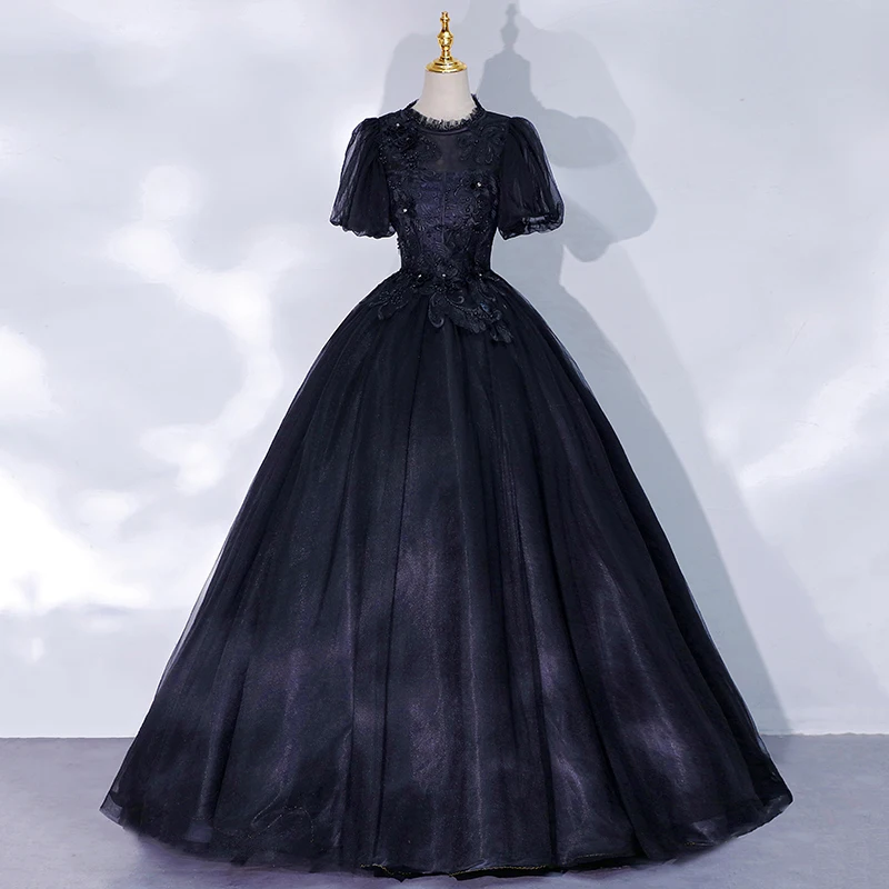 

New Classic Black Prom Dresses Elegant Lace Floral Floor-length Quinceanera Dress Sexy Backless Tulle Ball Gowns With Sleeves