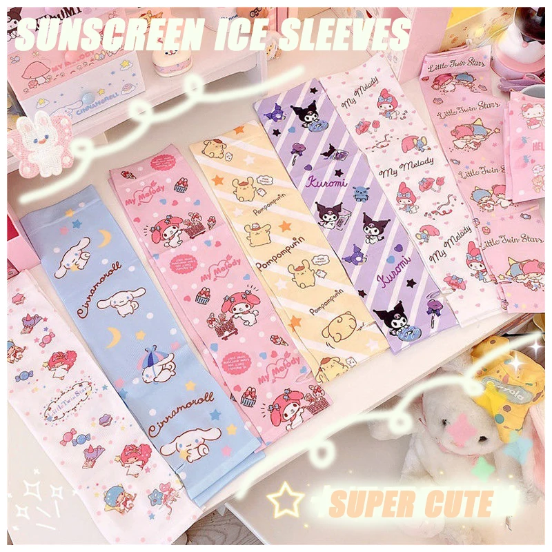 

Sanrioed Kawaii мультяшный принт солнцезащитные ледяные рукава My Melody Cinnamoroll Kuromi Purin Dog аниме Велосипедный Чехол на руку в женском стиле