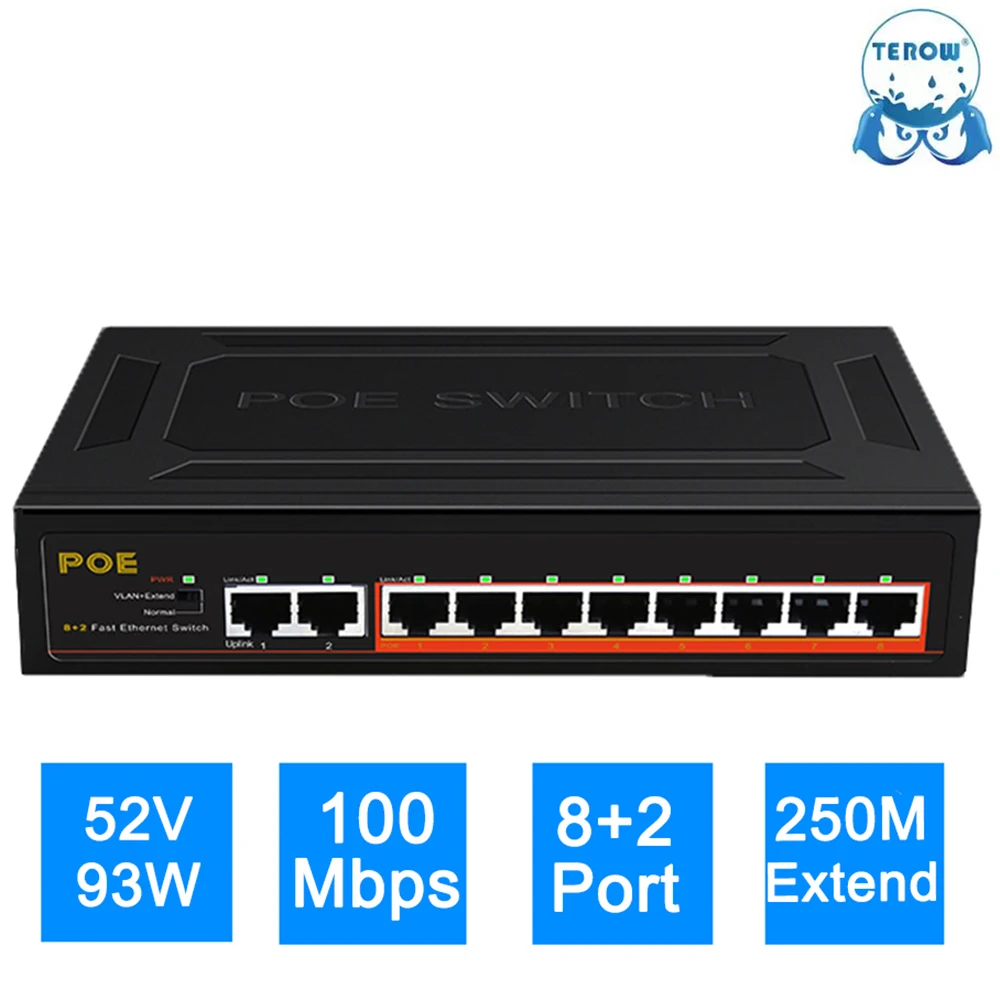 TEROW POE Switch 10-Port 100Mbps Ethernet Smart Switch 8 PoE+2 UpLink With Internal Power Office Home Network Hub for IP Camera