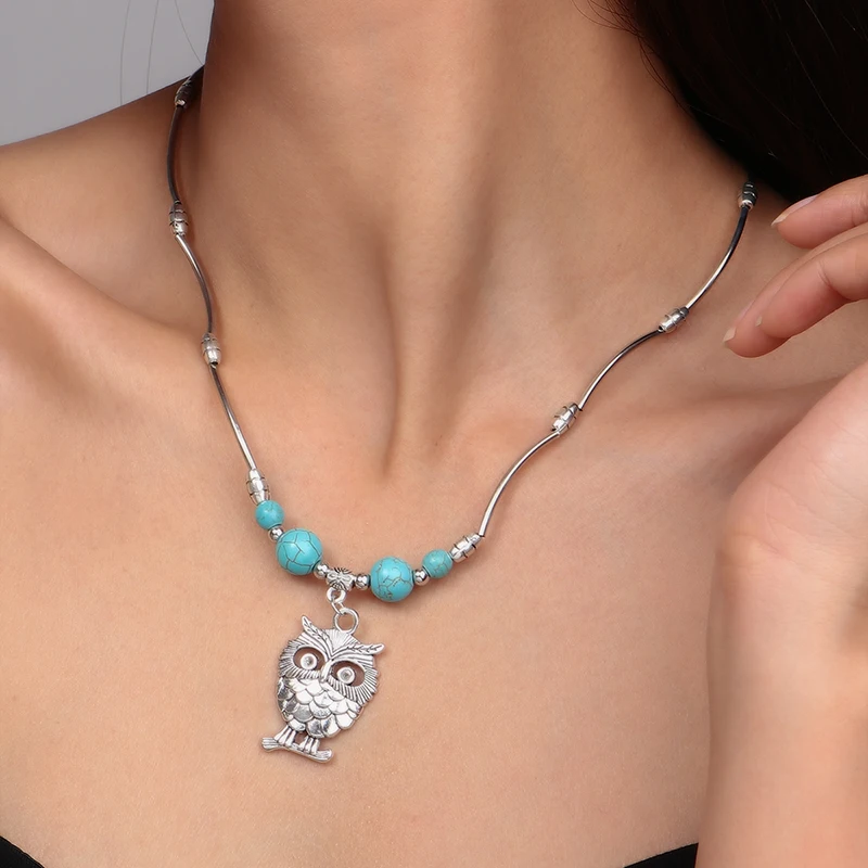 

Tibetan Silver Color Big Owl Vintage Necklaces Natural Stone Ladies Statement Necklaces Boho Jewelry