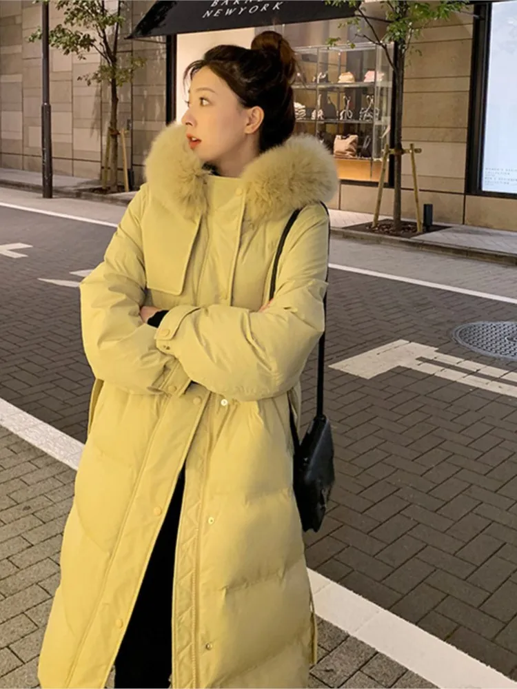 New Winter Quilted Warm Midi Women's Cotton Down Coat Office Lady Elegant Solid Fur Collar Long Overcoat 2022 Fashion