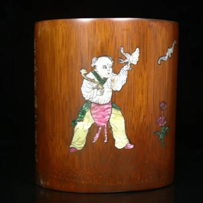 

15cm Chinese Wood Brush Pot Natural Bamboo Carving Pen Holder Inlaid Shell