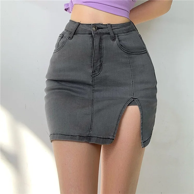 

New Sweet Summer Solid Color Double Pocket Design Side Split Denim A-line Skirt High Waist Slim Leg Length Sexy Women's A9NH
