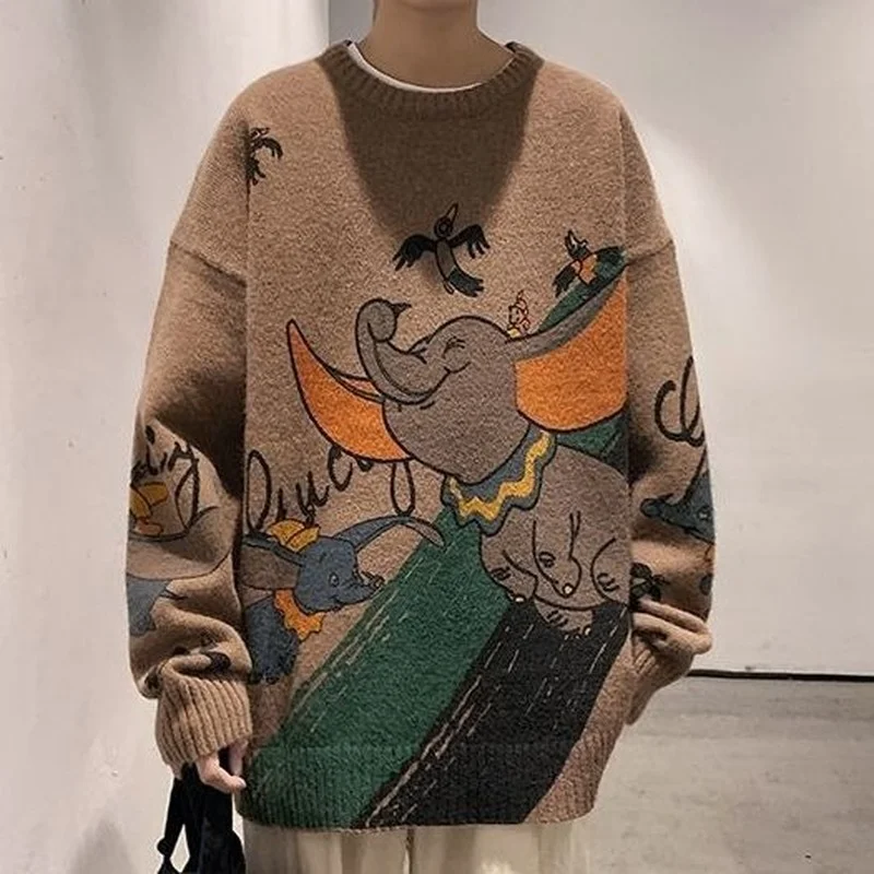 

Vintage Cartoon Animal Print Woman Sweaters Oversized Winter Long Sleeve Tops O-neck Pullovers White Coffee Kawaii Teens Clothes