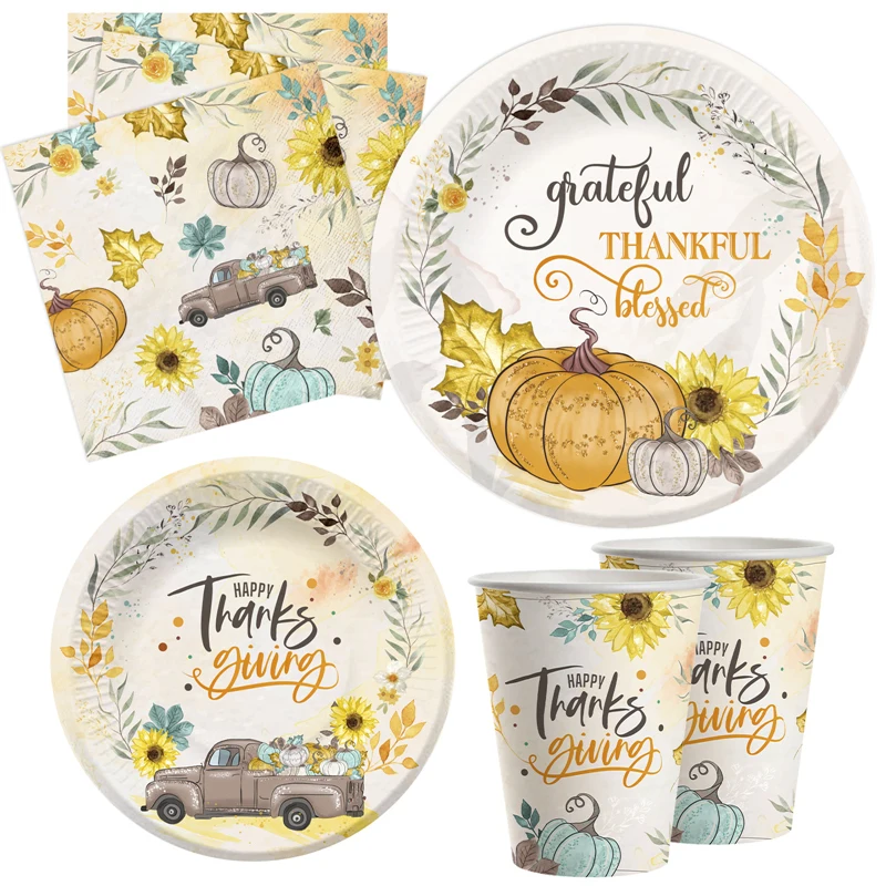 

8Pcs Thanksgiving Paper Plates Cup Napkins Disposable Tableware Dinnerware Set Dinner for Fall Theme Party Decoration Supplies