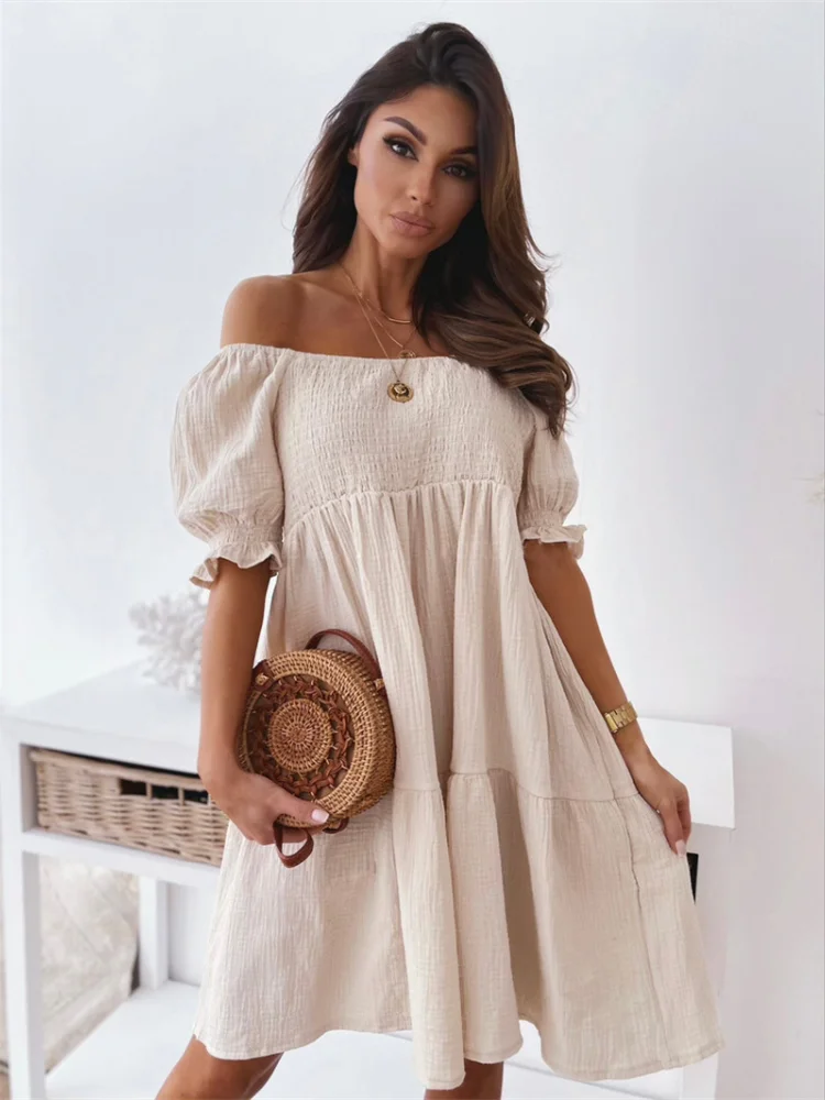 

Sexy Off The Shoulder Slash Neck Dress Women Casual Solid High Waist Loose Mini Dress Lady Fashion Sweet Summer Dresses 2022 New