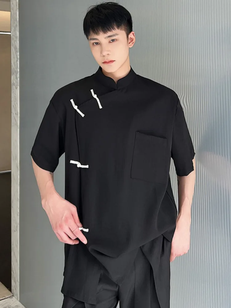 

SYUHGFA 2022 Summer Short Sleeve White Black Shirt For Men Buckle Design Loose Casual Chinese Style T-Shirt Tops Men Clothing