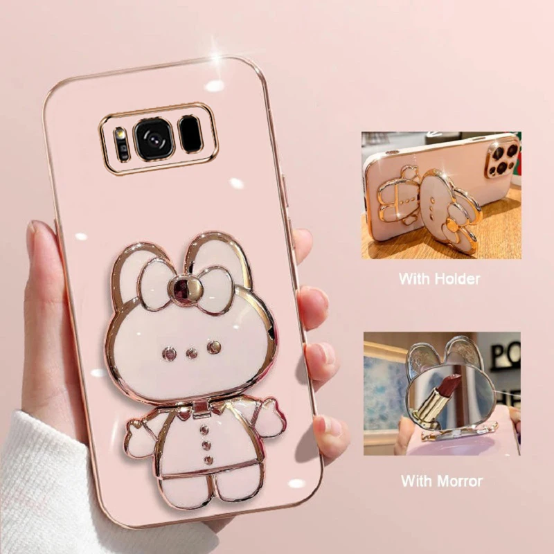 

For Samsung Galaxy S8 Plus Phone Case Soft Silicone Plating Cartoon Rabbit Fold Stand Makeup Mirror Bracket Cover