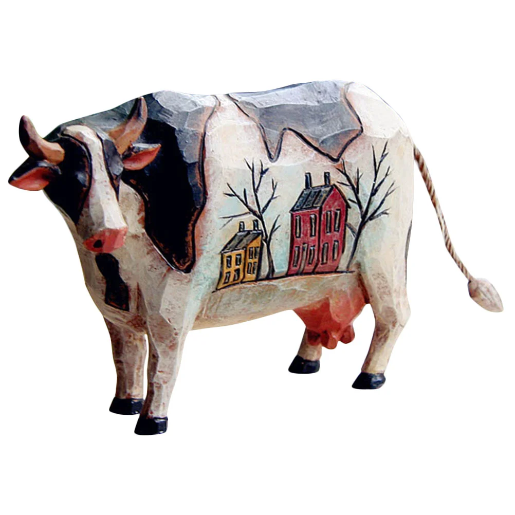 

Cow Animal Farm Statue Figurine Sculpture Figure Farmhouse Wooden Cattle Decor Rustic Figurines Carving Toy Lucky Charms Shui