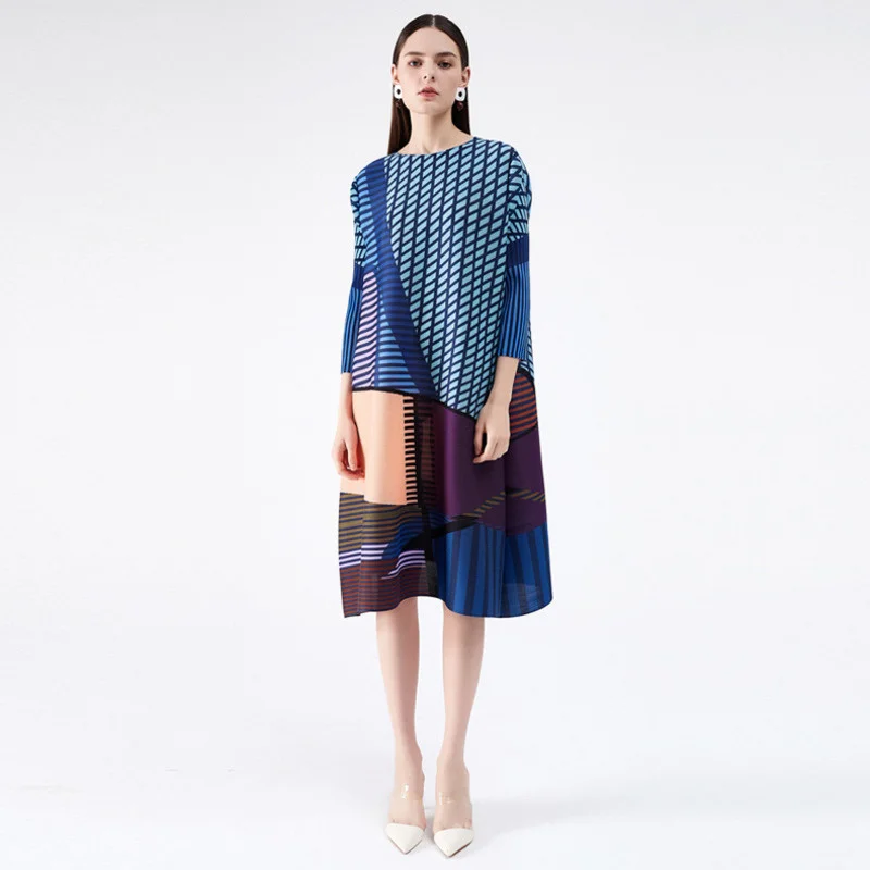 

Женское плиссированное платье миаке, повседневное разноцветное платье с геометрическим рисунком, рукавом семь восьмых, круглым вырезом, ос...