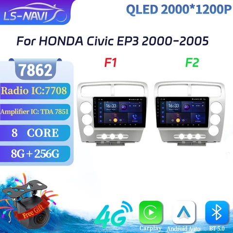 Автомобильный радиоприемник Android 14, мультимедийная навигация для HONDA Civic EP3 2000-2005, беспроводной Bluetooth Carplay 7862S, 8G, 256G, 2K QLED экран