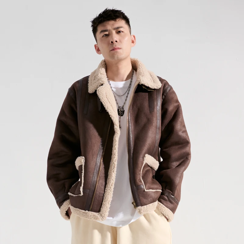 Winter Lamb Wool Coat Men's Fleece-Lined Fur Integrated Jacket Loose Leather Coat Motorcycle Clothing Cotton-Padded Coat Thick