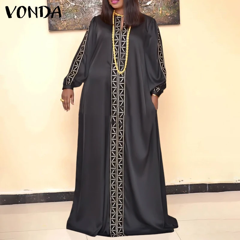 

Autumn VONDA Long Sleeve Maxi Dress 2022 Fashion Casual Vintage Printed Dresses Sexy V Neck Bohemian Party Vestidos Oversized