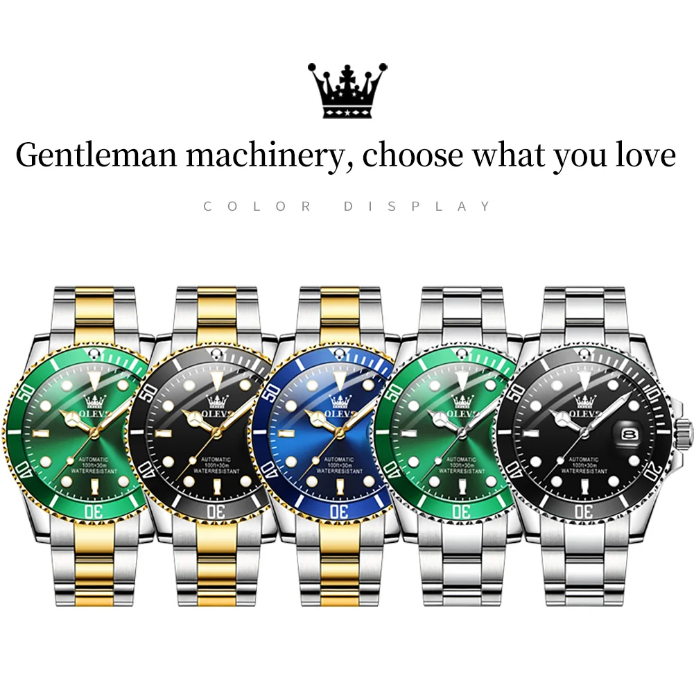 OLEVS Men Watch Automatic Mechanical Green Water Ghost WristWatch Waterproof Luxury Stainless Steel Strap For Man Reloj Hombre enlarge