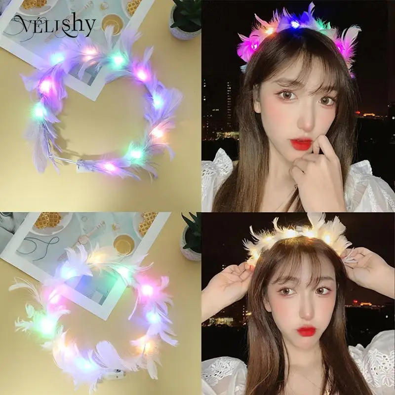 

1Pcs LED Feather Wreath Crown Light-Up Luminous Headdress for Women Girls Wedding Christmas Glow Party Supplies Decoration