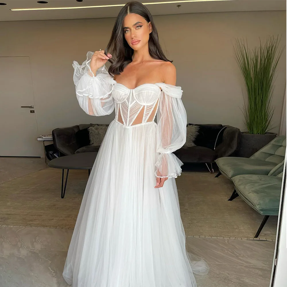 

2023 Wedding Dress White Off the Shoulder A Line Sweetheart Sexy Wedding Gowns Long Beaded Cut Out Puffy Sleeves Bridal Dresses