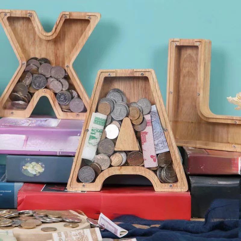 

Twenty-six English Alphabet Piggy Bank Coins Storage Box Wooden Coin Money Saving Box Jar Home Accessories Money Boxes Kids Gift