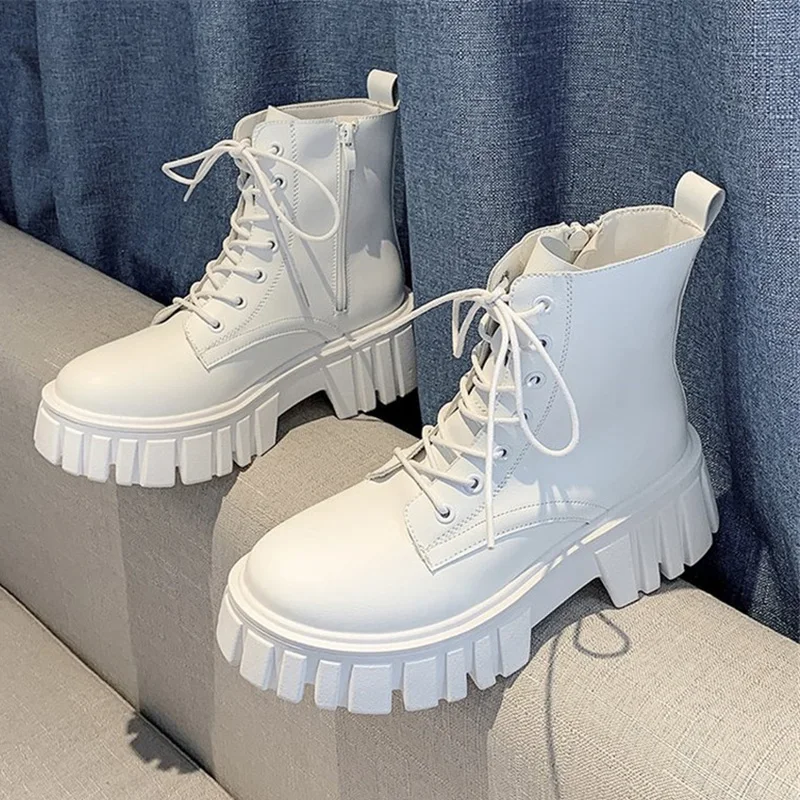 

2022 New Women White Ankle Boots PU Leather Thick Sole Lace Up Combat Booties Female Autumn Winter Platform Shoes Woman