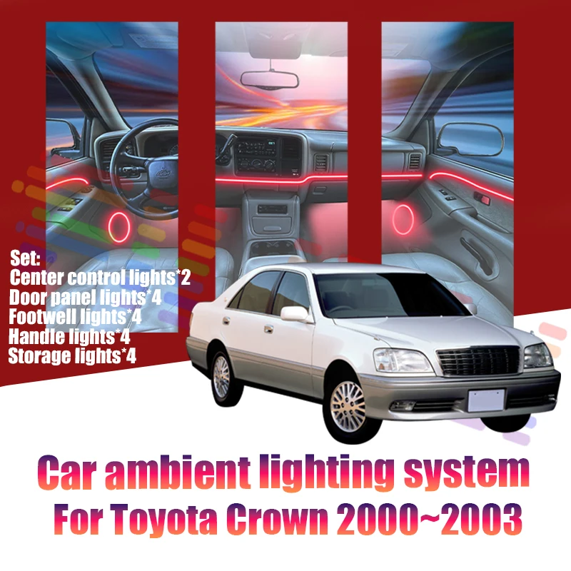 Фото Для Toyota Crown 2000~2003 MK11: Светодиодные лампы для создания атмосферы в салоне, разноцветные неоновые полосы, 64 RGB-цвета №1