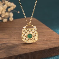 new small lock bag necklaces women copper gold plated full zircon inlaid natural green jade bead pendant fashion jewelry 1618mm