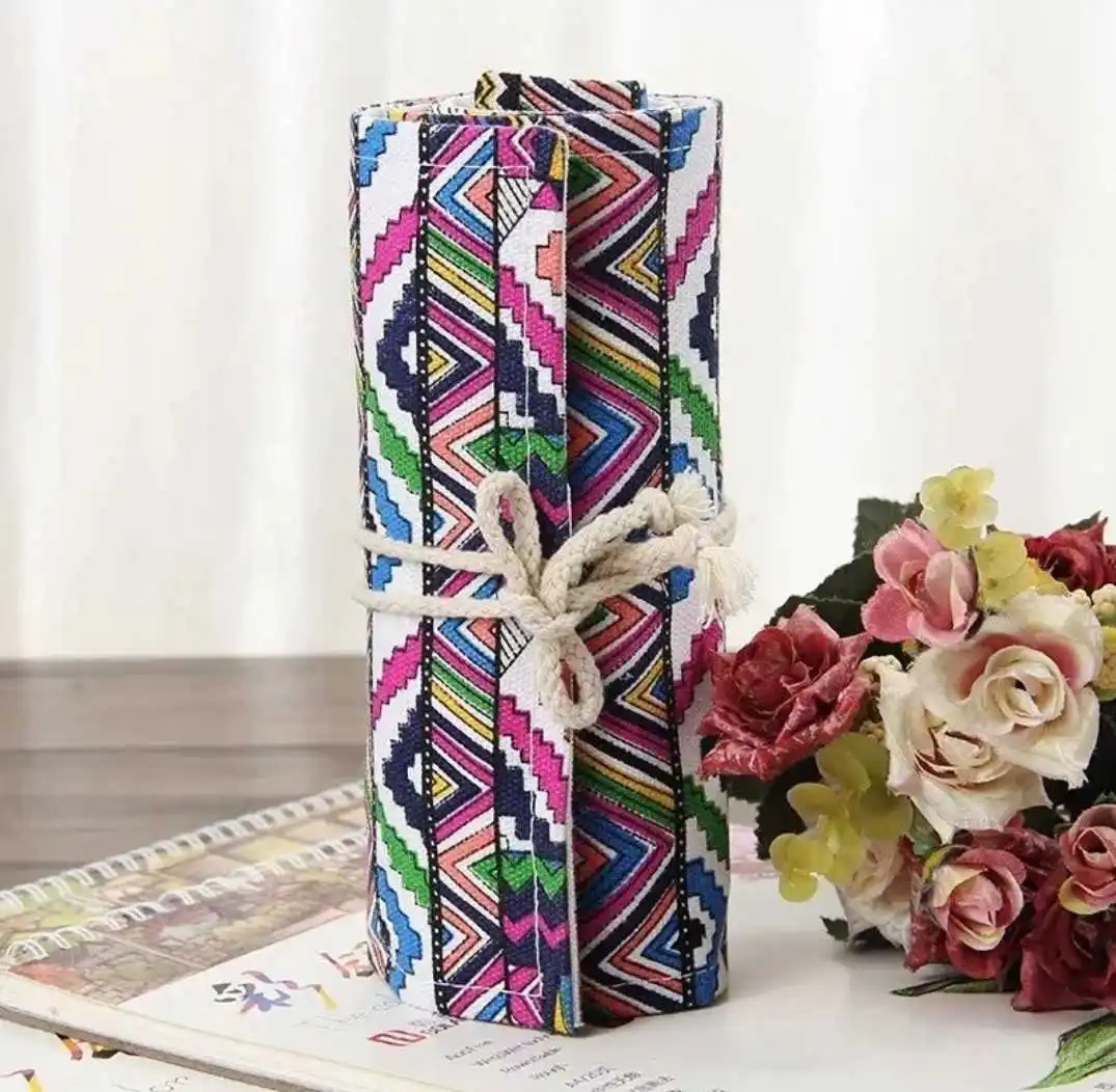 

Ethnic Style 12 Hole Canvas Roll Pen Curtain Pencil Bag Case Makeup Wrap