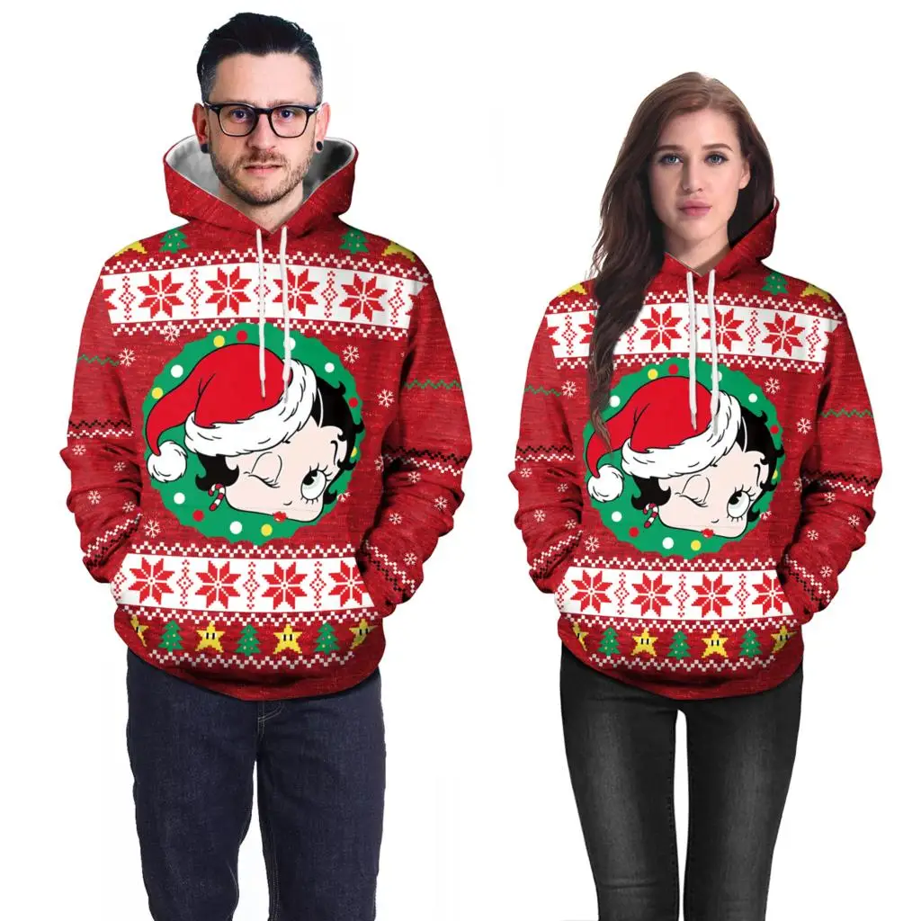 

3D Couples' Hooded Pocket Sweater with Christmas Element Printing 2023 Autumn New Sweatshirt Fashion Shopping Long Sleeve