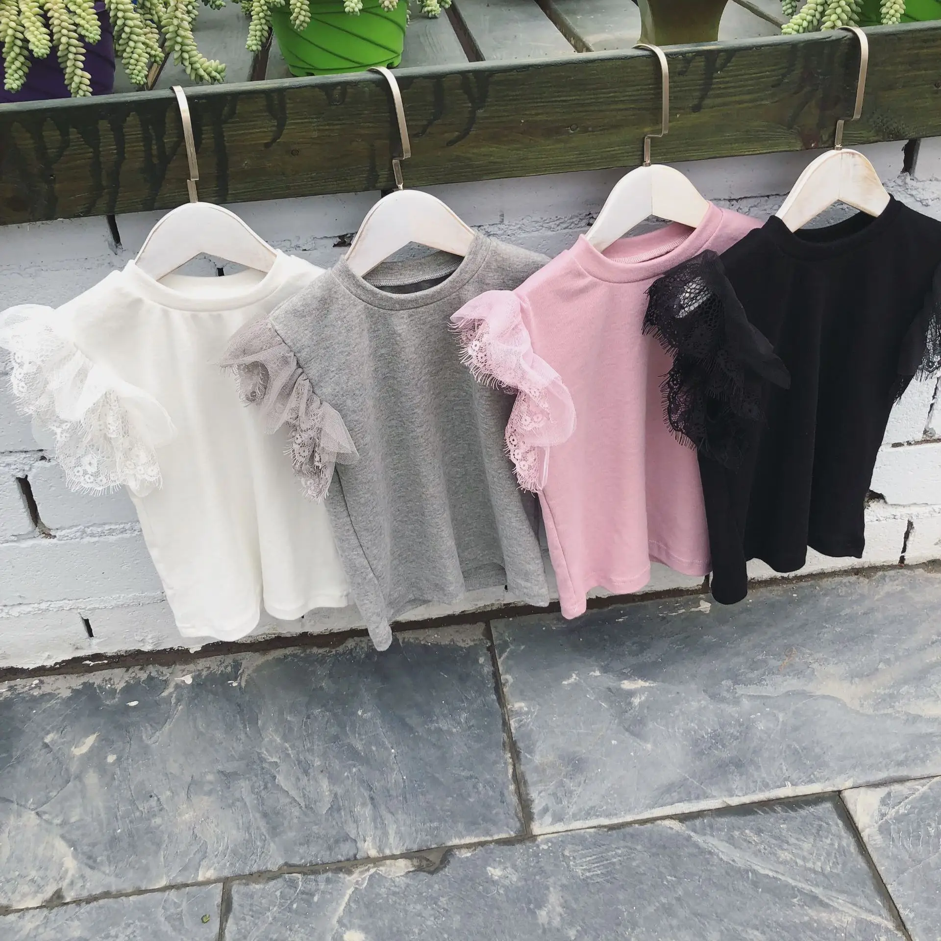 

HoneyCherry Short Sleeved Girl's Lace T-shirt Summer Pure Color Fairy T-shirt Baby Girl Clothes