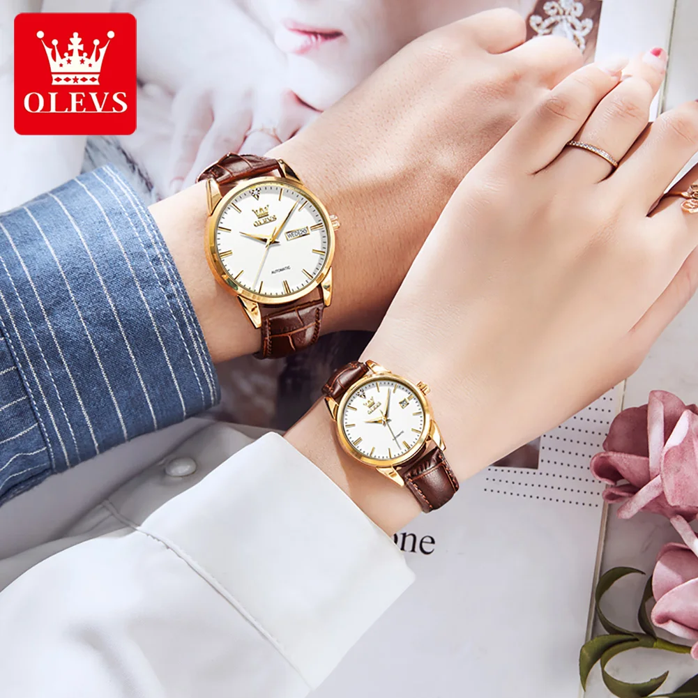 OLEVS 6629 Waterproof Fashion Watches for Couple Automatic Mechanical Genuine Leather Strap Full-automatic Couple  Wristwatch
