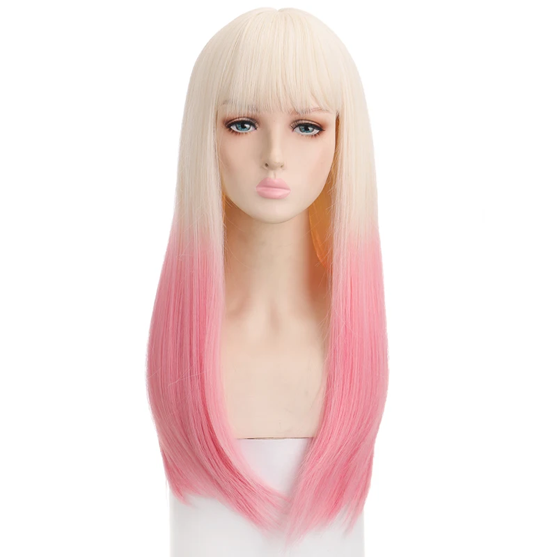 TALANG Gradual Beige Pink Lolita Synthetic Wig Long Straight Mixed Colors Hair Fringe Bangs Daily Adult Girls