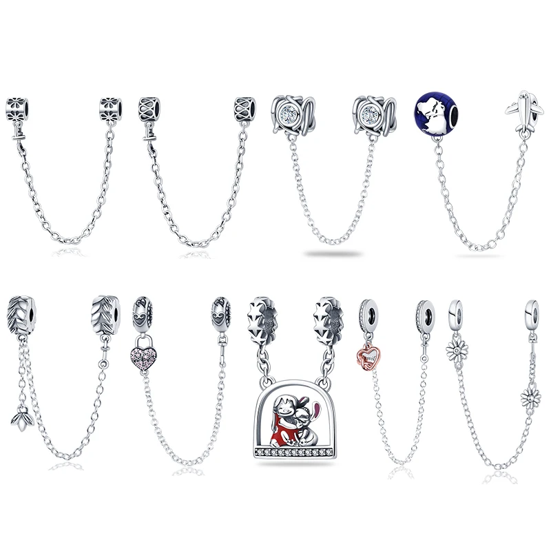 

Hot Sale 925 Silver Color 13 Models Zircon Safety Chain Charms Bead Fit Original Pandora Bracelets Charm Dangle DIY Jewelry 2022