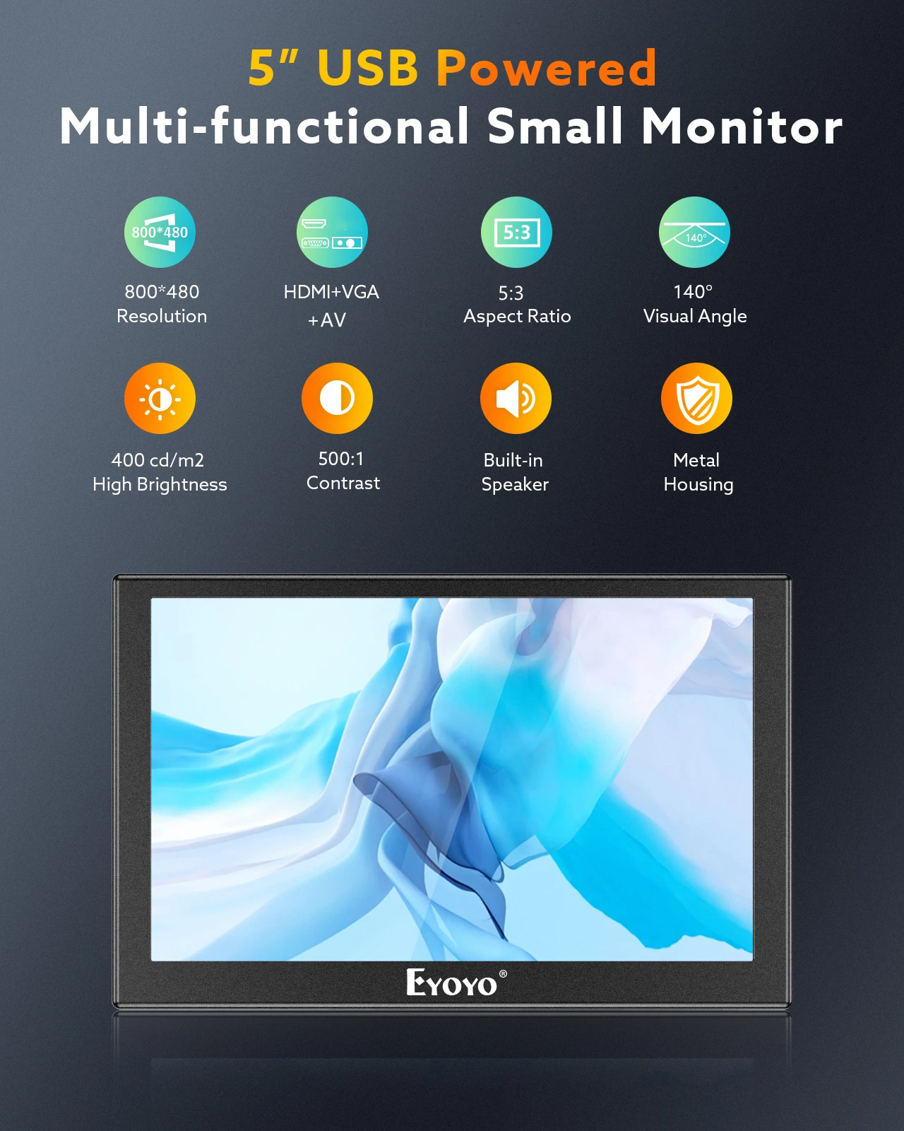 Фото Eyoyo S501H Домашняя безопасность металлический TN Промышленный экран HD 800*480 5-дюймовый автомобильный монитор заднего вида с HDMI VGA AV портом быстры... №2