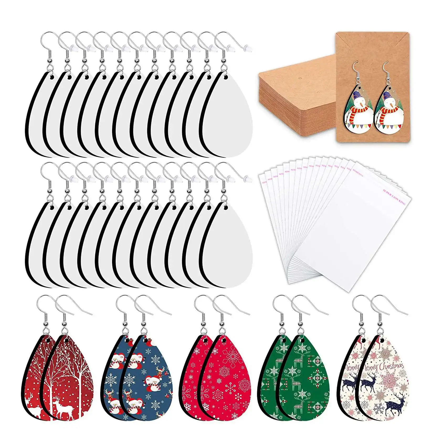 

Sublimation Blank Earrings with Earring Hooks Jump Rings Ear Plugs Holder Cards Bags for Jewelry DIY Making