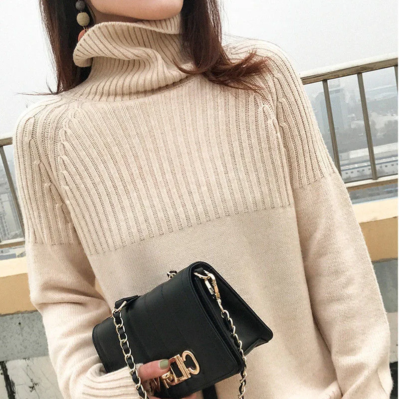 

Women's Sweater Fall Winter Turtleneck Pullovers Casual Solid Stretch Striped Sweater Korean Top Knitted Bottoming Clothes Black