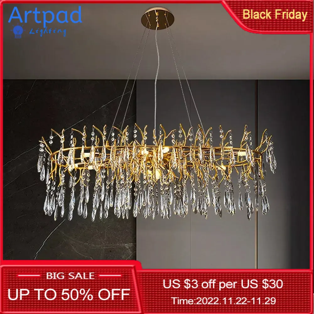 

Artpad Gold Crystal Chandeliers Lighting Kitchen LED Luxury Round/Long Nordic Hanging Light Fixture for Living Room Decoration