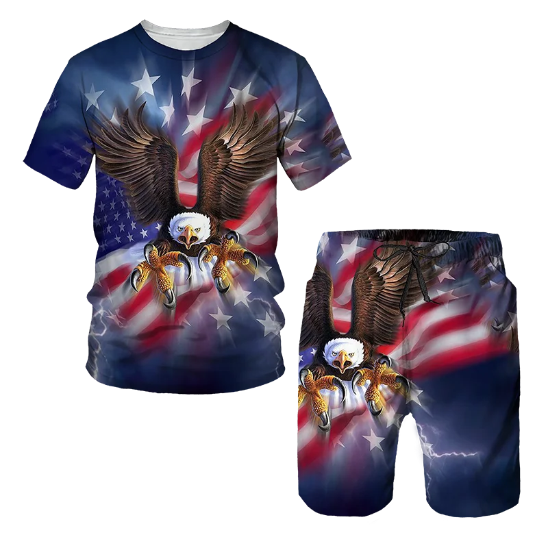 Eagle Print USA Flag Tracksuit Summer Men's 3D Two Piece Set Beach Swiming Shorts Casual Short Pants Beach Male Oversized Clothe