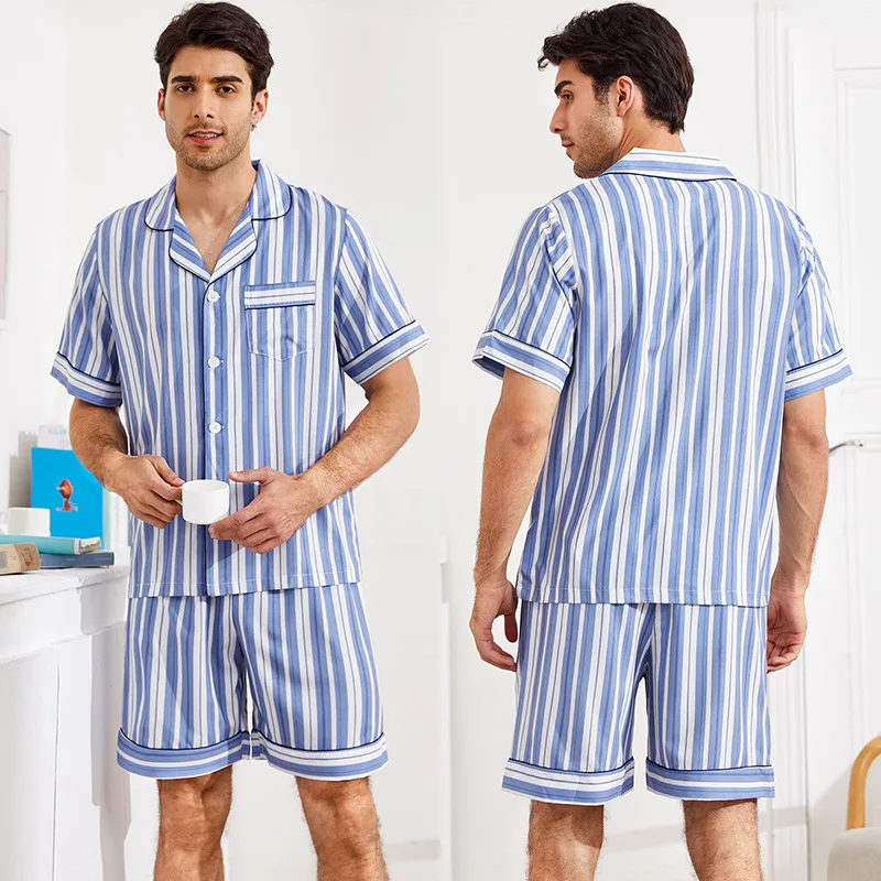 Cozok Ice Silk Silk Men's Pajamas Summer Short Sleeve Shorts Striped Two-Piece Homewear Suit silk pajamas men