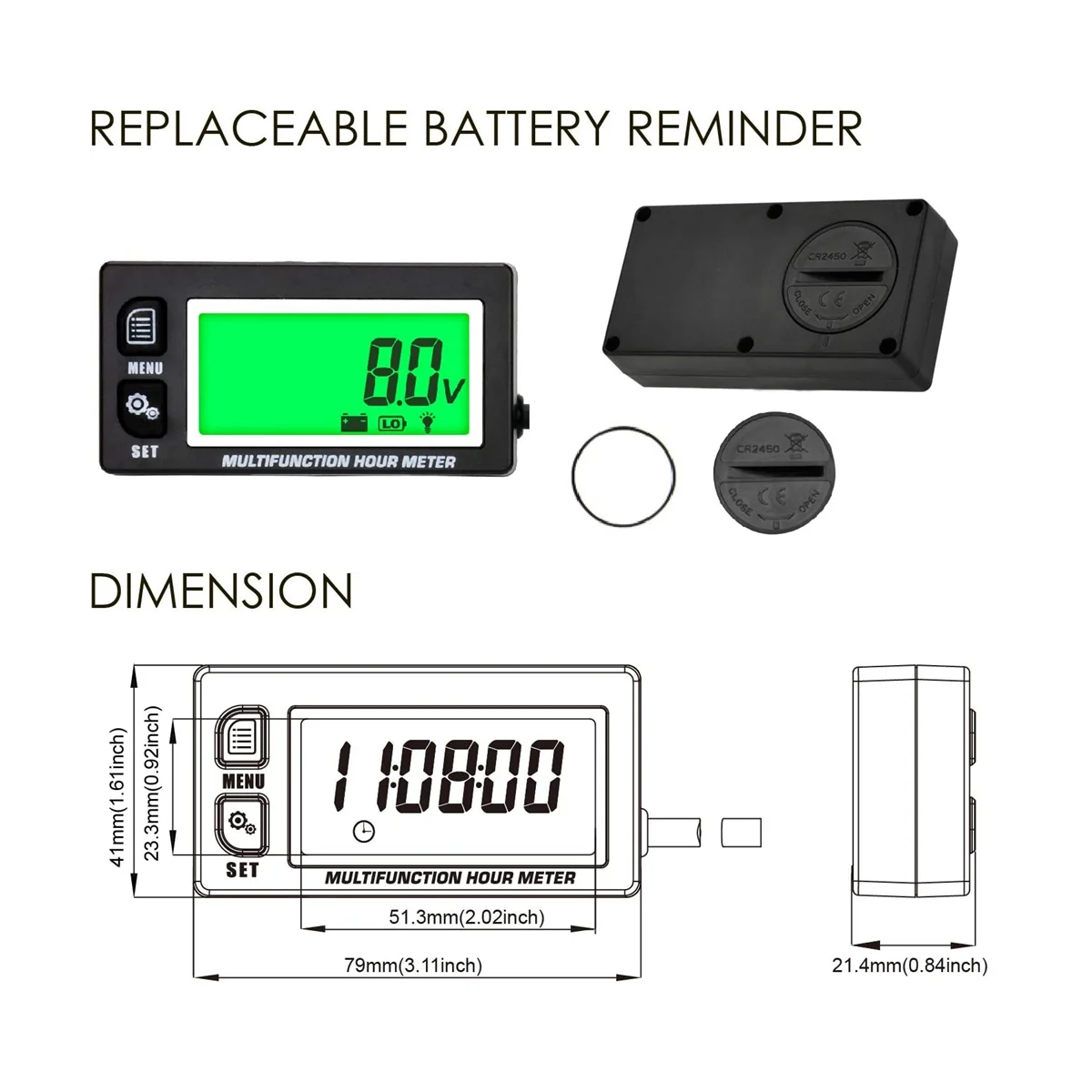 

LCD Digital Hourmeter Tachometer Engine Thermometer Replaceable Clock for Motorcycle ATV Marine Boat Gasoline Engines