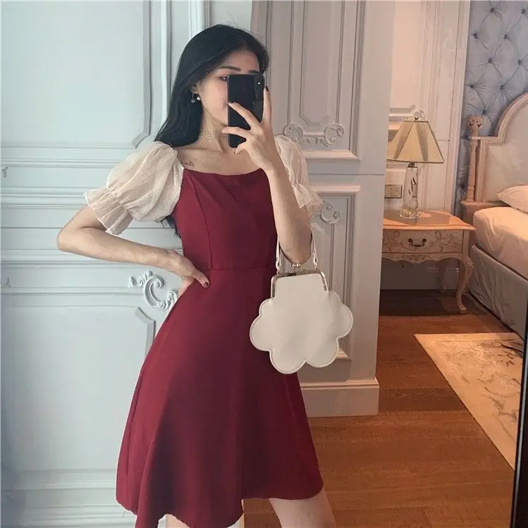 

New Summer French Off Shoulder Slash Neck Sexy Dress Women Waist Slim Bubble Sleeve Skirt Za Fashion Sundress Vestido Frock Y2k