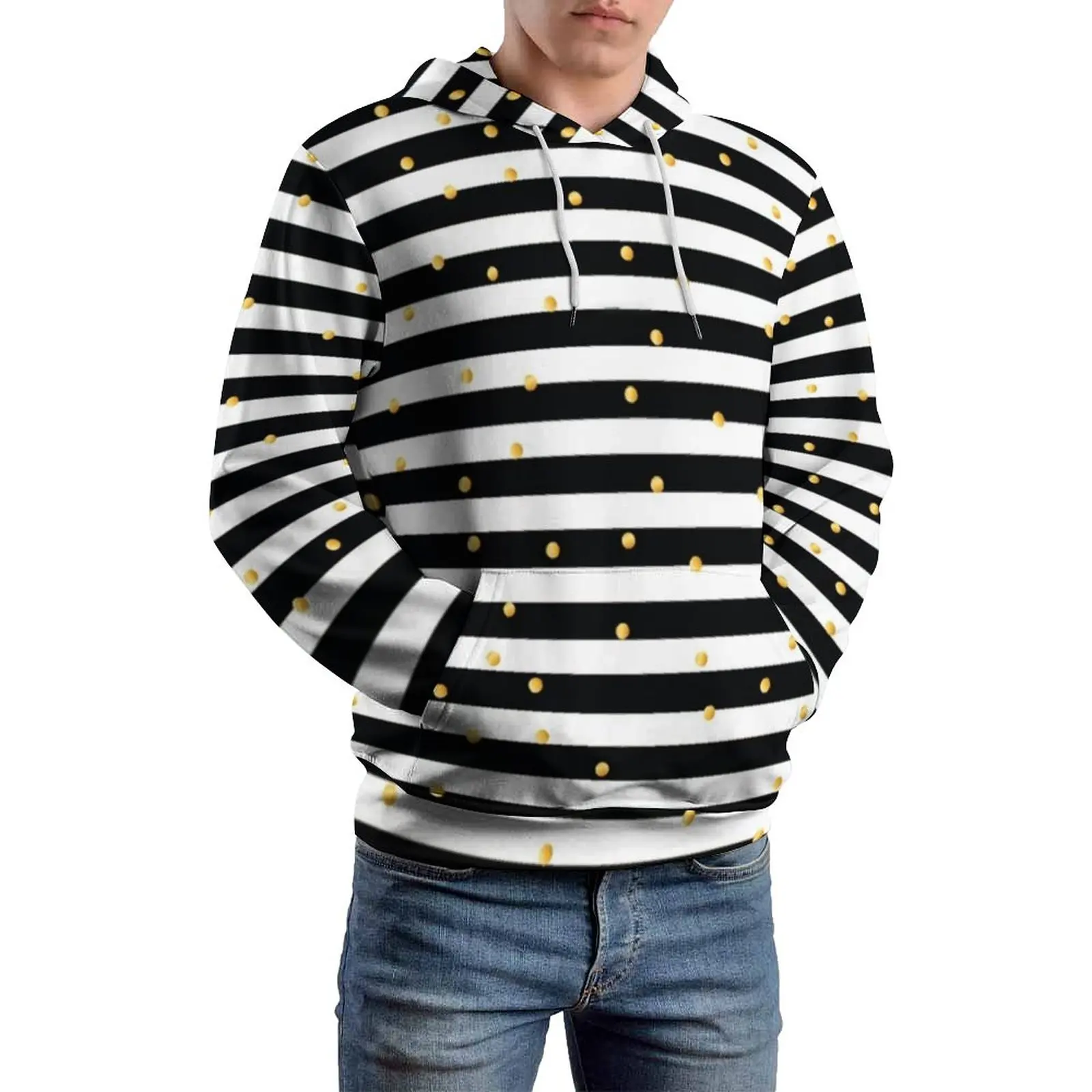 

Gold Dots And Stripes Loose Hoodies Modern Art Print Modern Hoodie Male Long Sleeve Oversized Street Style Pattern Tops