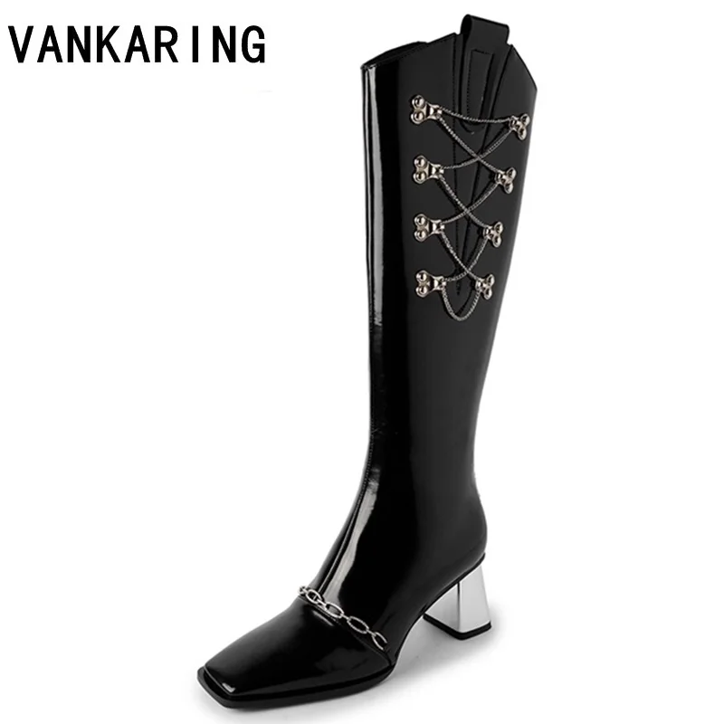 

Женские сапоги до колена из лакированной кожи, на молнии сбоку, на блочном каблуке, с квадратным носком, осенне-зимние высокие сапоги, 2023