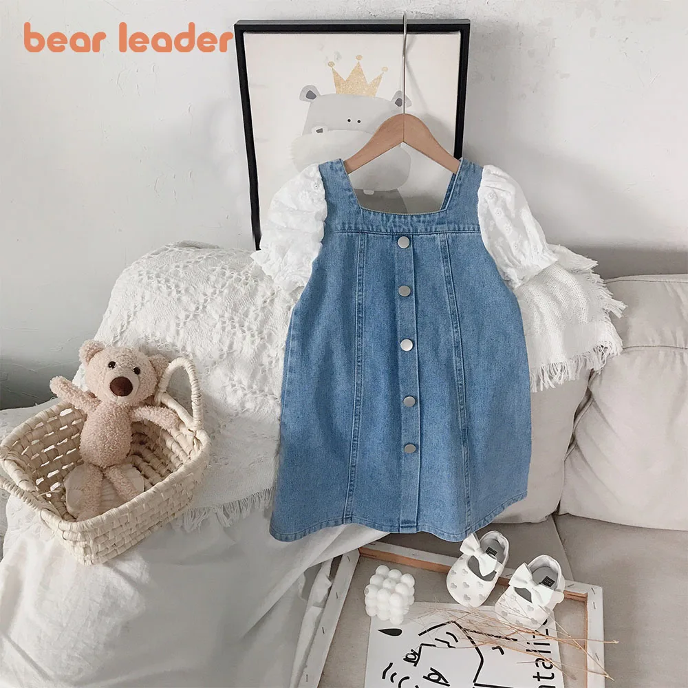 

Bear Leader Fashion Denim Girls Dresses 2022 Summer New Short Sleeve Lace Patchwork Princess Dress Toddler Kids Clothes 2-6Y