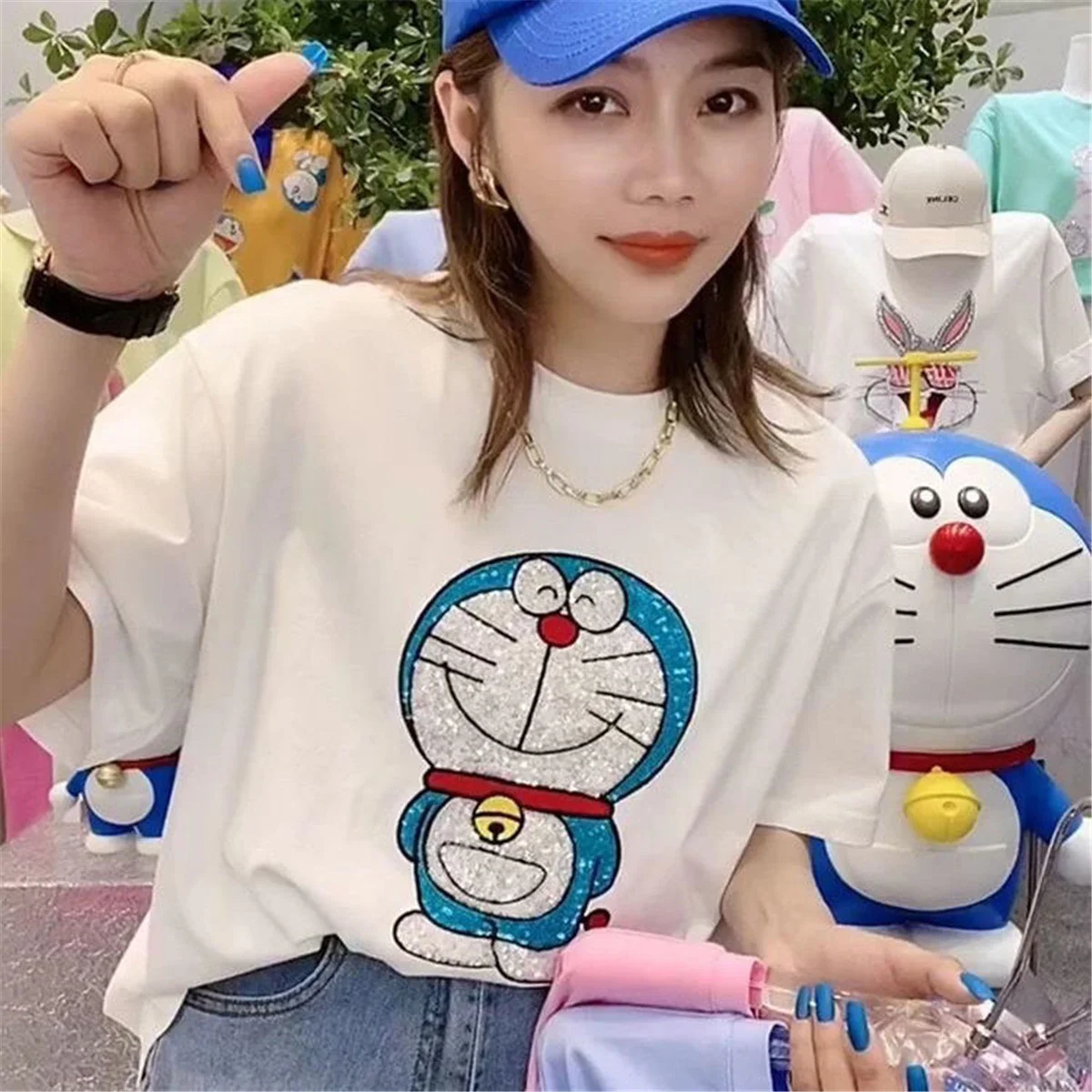 

Kawaii блестки Doraemon топы с принтом женская футболка повседневные Свободные корейские Смешные хлопковые футболки Модная одежда Симпатичные летние футболки