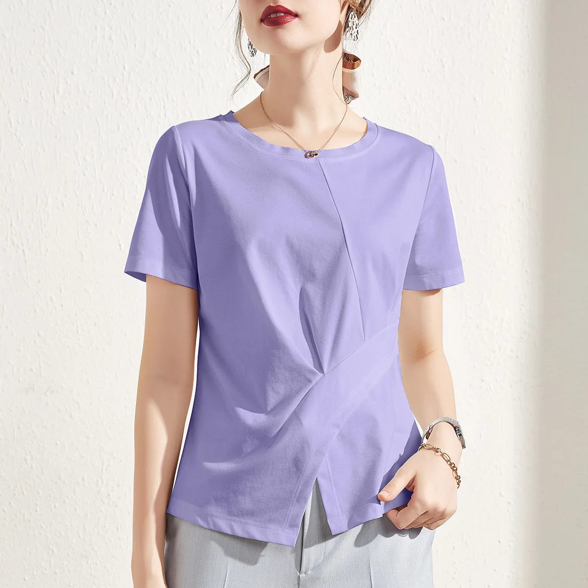 

2022 Summer new solid color round neck top casual short sleeves grey